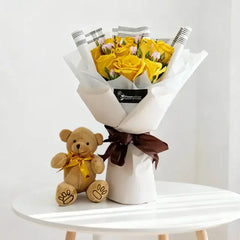 Buket bunga mawar pink cantik dengan boneka beruang, layanan online florist terpercaya