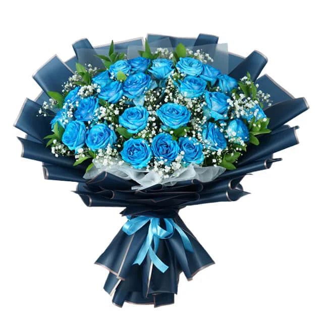 Buket bunga mawar biru elegan dari online florist, dikemas rapi dengan pita biru