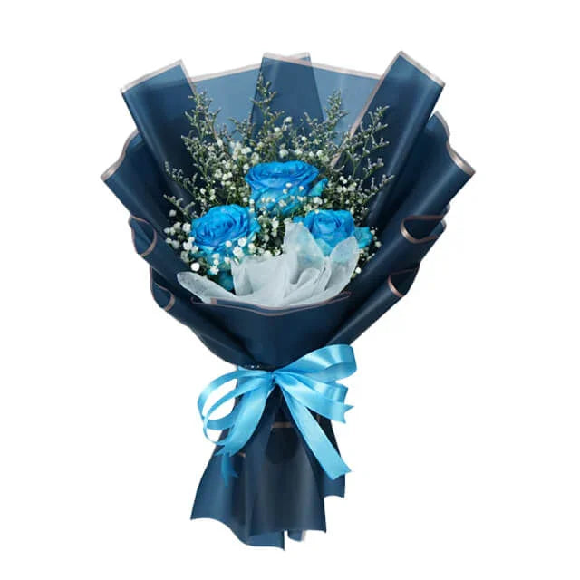 Bouquet bunga biru elegan dengan pita, online florist terpercaya untuk hadiah istimewa