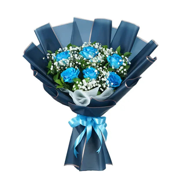 Bouquet bunga mawar biru elegan dari online florist, dikemas rapi dengan pita biru