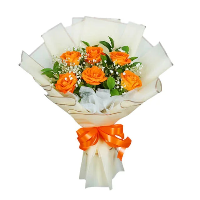 Buket bunga mawar oranye segar dengan pita, kirim dari online florist terpercaya