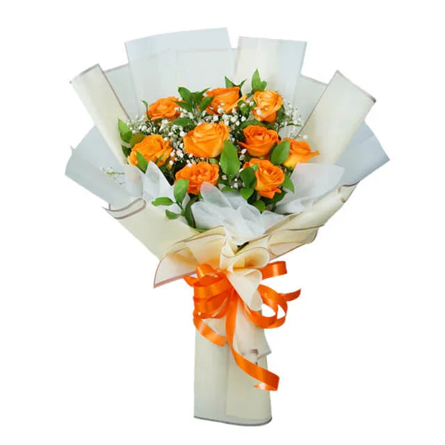 Bouquet mawar oranye elegan dari online florist, dikemas rapi dengan pita oranye
