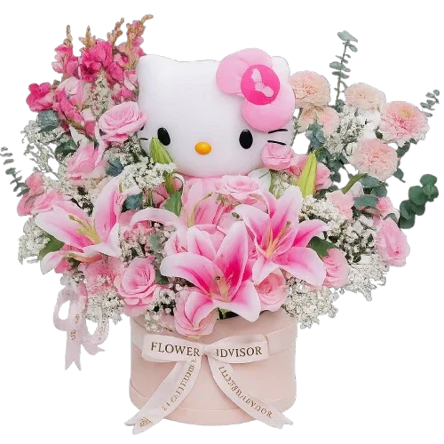 Bouquet bunga pink dengan Hello Kitty, online florist terpercaya untuk hadiah spesial