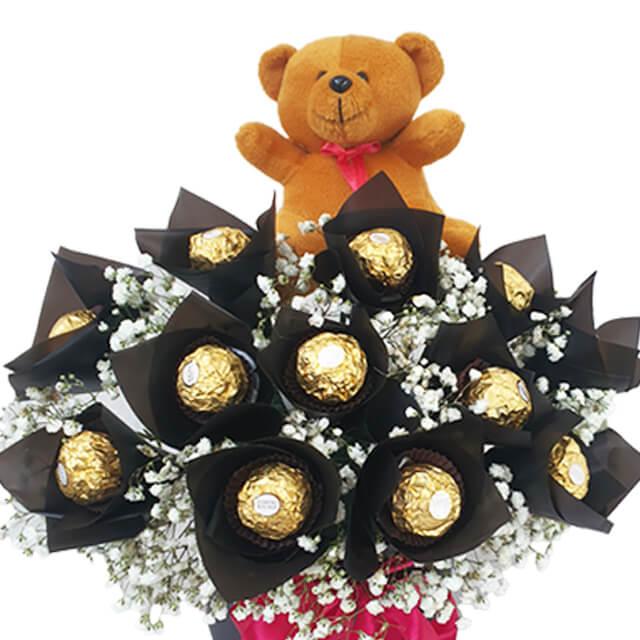 Bouquet cokelat Ferrero Rocher dengan boneka beruang, layanan online florist terpercaya