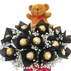 Bouquet cokelat Ferrero Rocher dengan boneka beruang, layanan online florist terpercaya