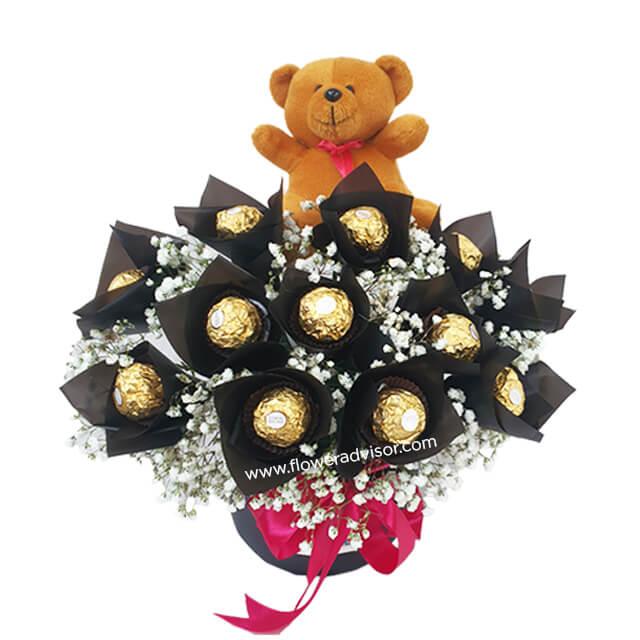 Bouquet cokelat Ferrero Rocher dengan boneka beruang, layanan online florist terpercaya