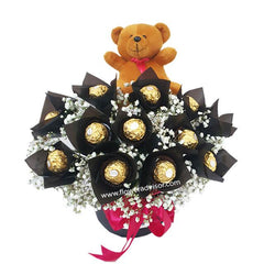 Bouquet cokelat Ferrero Rocher dengan boneka beruang, layanan online florist terpercaya