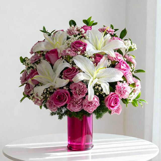 Bouquet bunga mawar dan lily dalam vas merah muda, online florist terpercaya