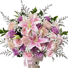 Bouquet bunga mawar dan lili warna ungu dan pink, online florist terpercaya