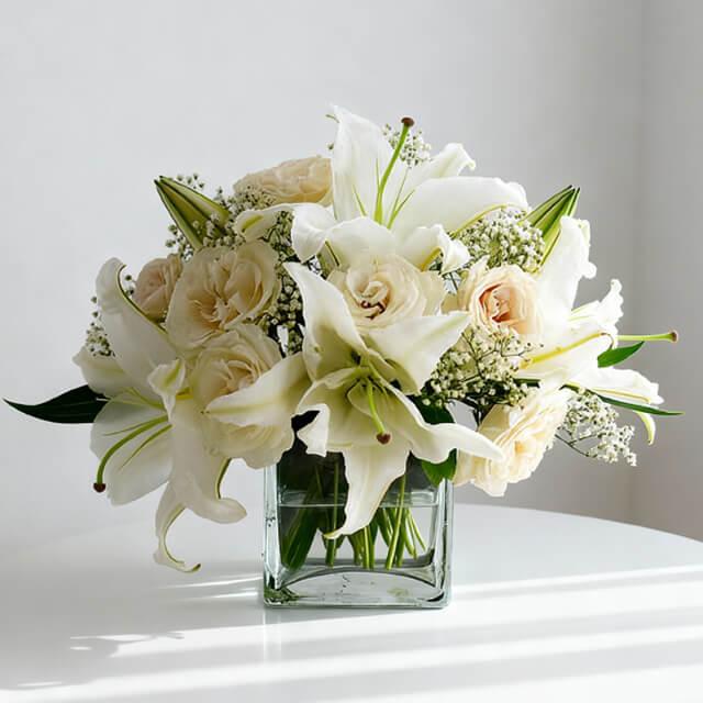 Bouquet bunga putih elegan dalam vas kaca, online florist terpercaya