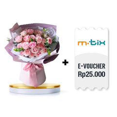 Bouquet mawar pink elegan dengan e-voucher M-Tix Rp25.000, online florist terpercaya