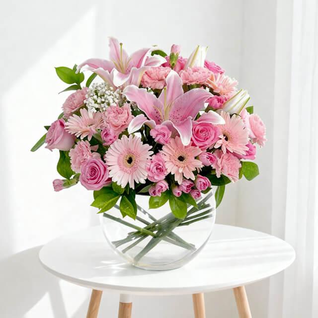 Bunga mawar dan lili pink dalam vas kaca, ideal untuk hadiah dari online florist