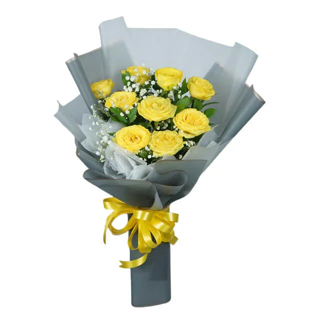 Bouquet bunga mawar kuning elegan dari online florist, dikemas rapi dengan pita kuning