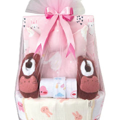 Hadiah bayi lucu dengan boneka hewan dan kain motif kelinci, dikemas cantik untuk online florist
