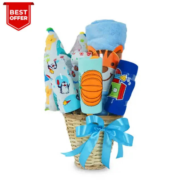 Keranjang hadiah bayi dengan handuk lucu dan mainan, penawaran terbaik dari online florist