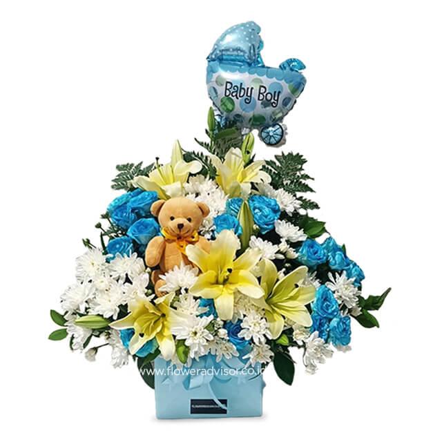 Bunga online florist untuk bayi laki-laki dengan balon 'Baby Boy' dan boneka beruang