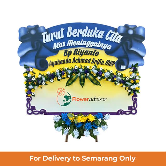 Bunga papan duka cita online florist untuk pengiriman ke Semarang, desain elegan dengan bunga biru dan kuning