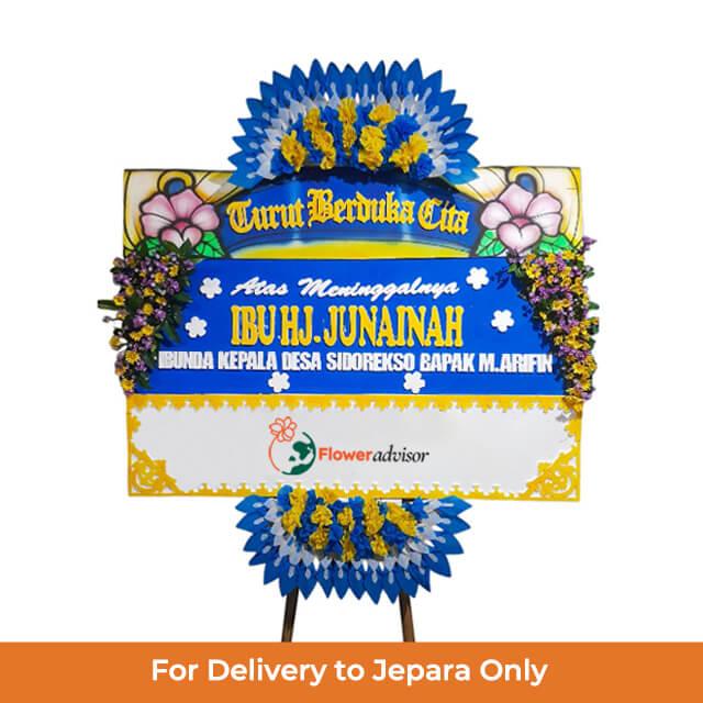 Bunga papan duka cita online florist untuk pengiriman ke Jepara, desain elegan dengan warna biru dan kuning