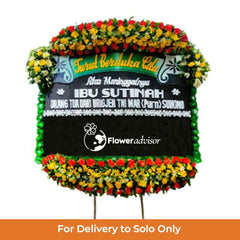 Karangan bunga duka cita online florist dengan bunga merah kuning, untuk pengiriman Solo saja