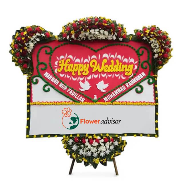 Karangan bunga pernikahan online florist dengan pesan Happy Wedding, cocok untuk ucapan selamat nikah