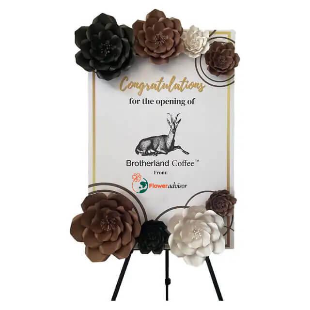 Congratulations sign with floral decor from online florist for Brotherland Coffee opening