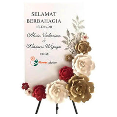 Bunga ucapan selamat berbahagia dari online florist, dekorasi elegan dengan bunga merah, putih, dan cokelat.