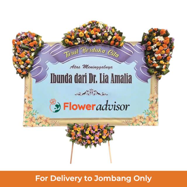Karangan bunga duka cita online florist untuk pengiriman ke Jombang, rangkaian bunga warna-warni dengan pesan turut berduka