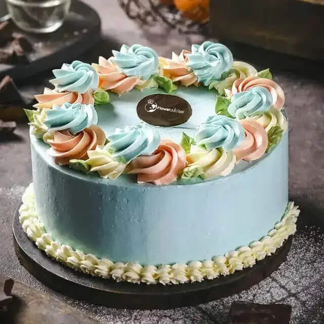 Kue ulang tahun biru dengan hiasan bunga krim, layanan online florist terpercaya