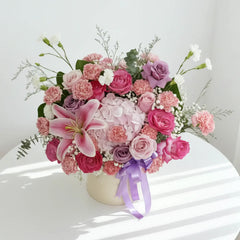 Bouquet bunga mawar dan lili warna pink ungu, online florist terpercaya