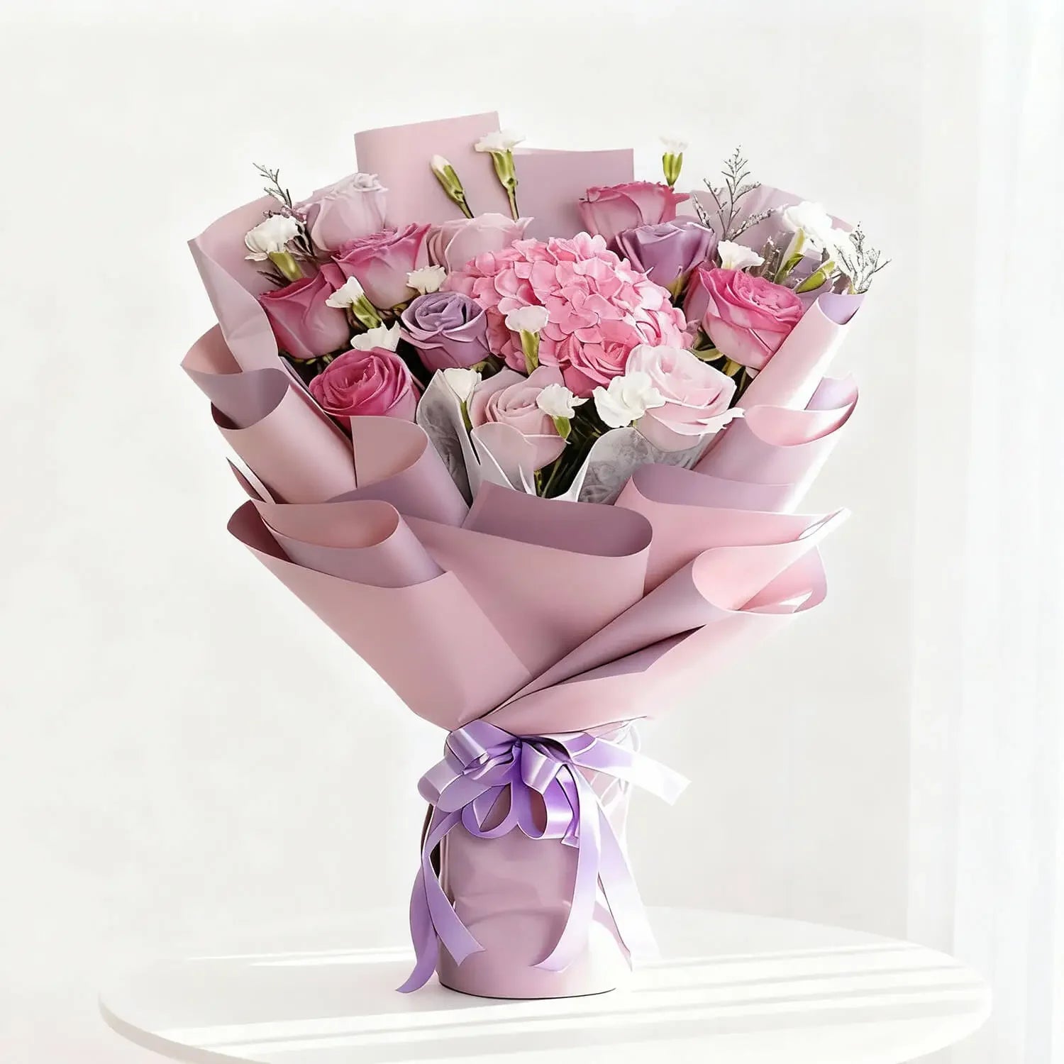 Buket bunga mawar dan hydrangea warna pink ungu, dibungkus kertas elegan, dari online florist