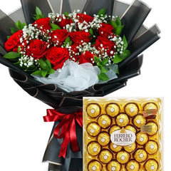 Bouquet mawar merah elegan dengan Ferrero Rocher, online florist terpercaya