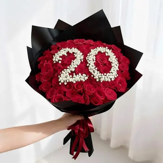 Bouquet bunga mawar merah dengan angka 20, online florist terpercaya