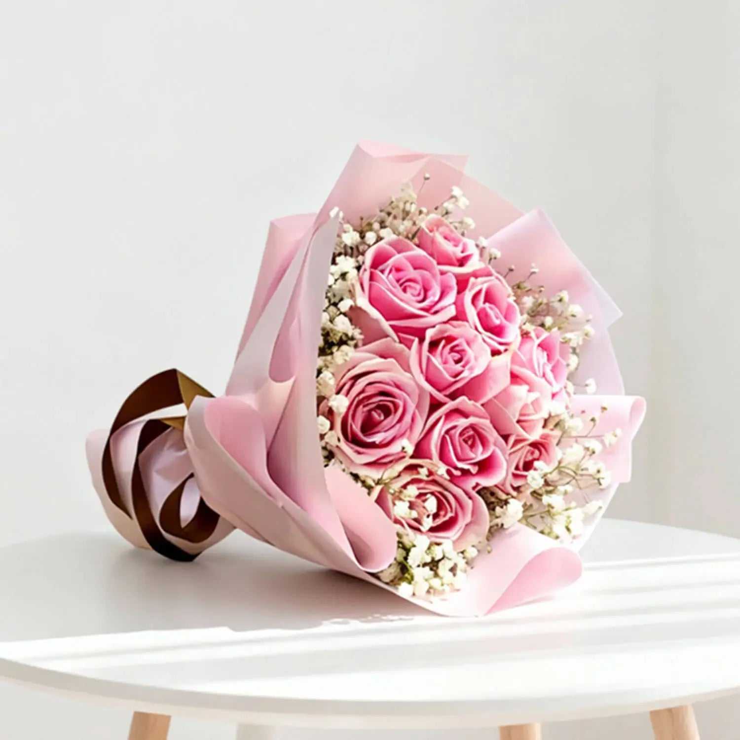 Buket mawar pink cantik dengan kemasan pink dan pita cokelat, online florist terpercaya