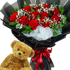 Bouquet mawar merah dengan boneka beruang, online florist terpercaya