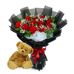 Bouquet mawar merah dengan boneka beruang, online florist terpercaya