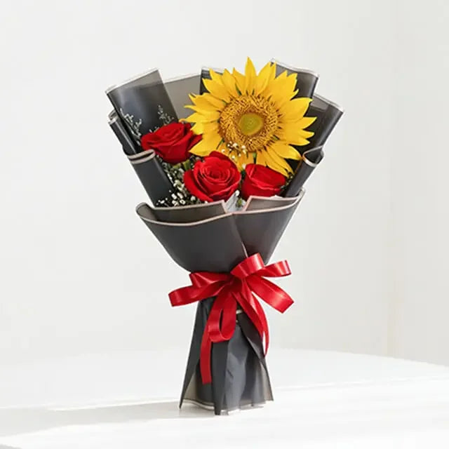 Sunflower Bouquet with 3 Red Roses - Sunrose Bloom