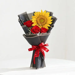 Sunflower Bouquet with 3 Red Roses - Sunrose Bloom