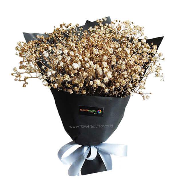 Bouquet bunga kering berwarna emas, dikemas rapi dengan pita biru muda, dari online florist terpercaya.