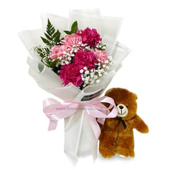 Bouquet bunga merah muda dan ungu dengan boneka beruang, online florist terpercaya