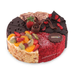 Kue ulang tahun campuran rasa cokelat, buah, dan red velvet dari online florist