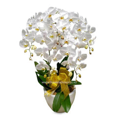 Bunga anggrek putih cantik dalam pot dengan pita kuning, layanan online florist terpercaya