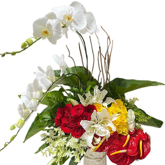 Bunga mawar merah, anggrek putih, dan anthurium merah dari online florist, rangkaian bunga elegan untuk hadiah.