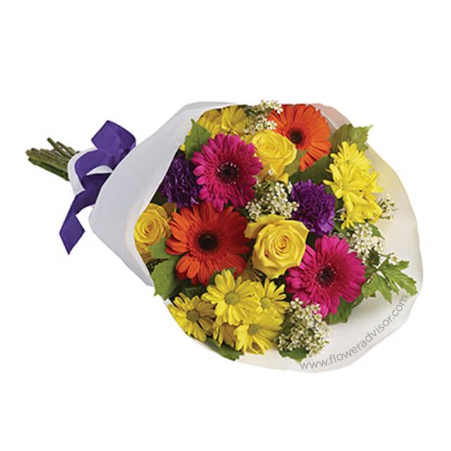 Buket bunga warna-warni segar dari online florist, ideal untuk hadiah atau dekorasi, dikemas rapi dengan pita ungu.