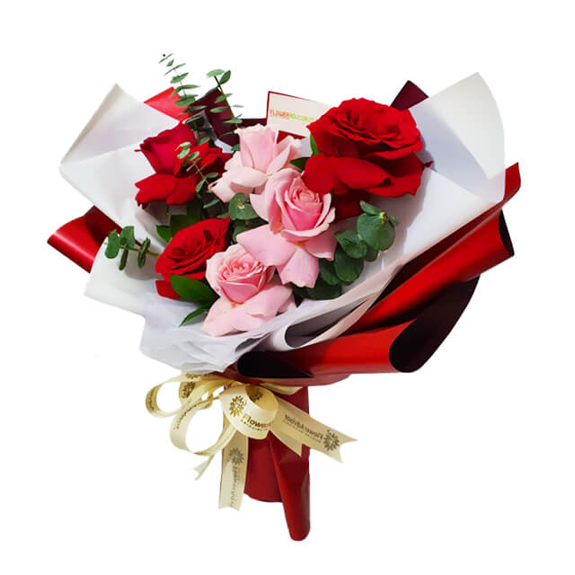 3 Red Roses 3 Pink Roses and Silver Dollar Bouquet - Juliet
