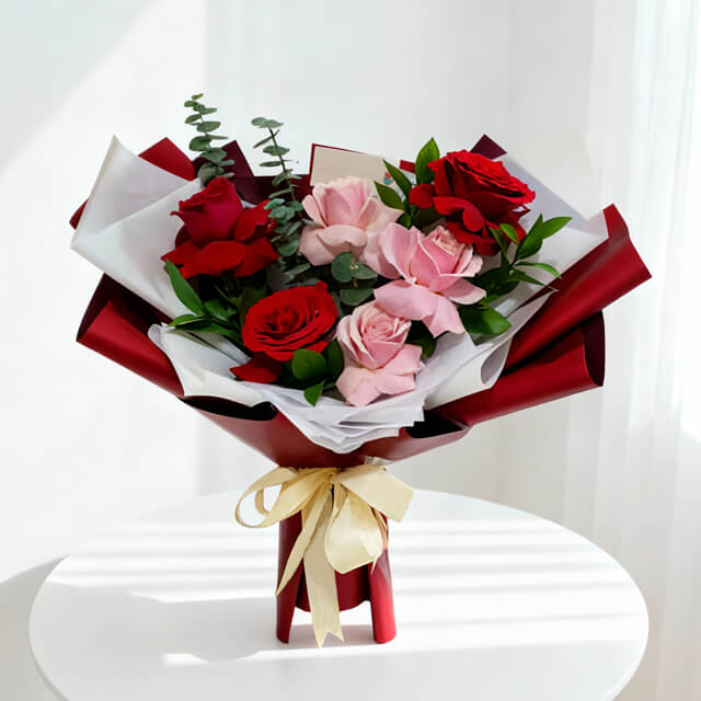 3 Red Roses 3 Pink Roses and Silver Dollar Bouquet - Juliet