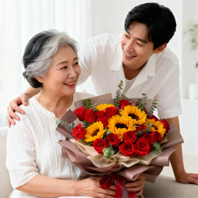 Mixed Red Roses and Sunflowers Bouquet - SunRose Picks