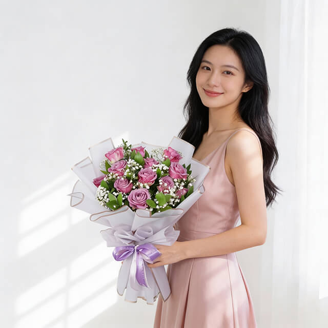 Bouquet 12 Mawar Ungu dengan Babys Breath dan Ruscus - Vday