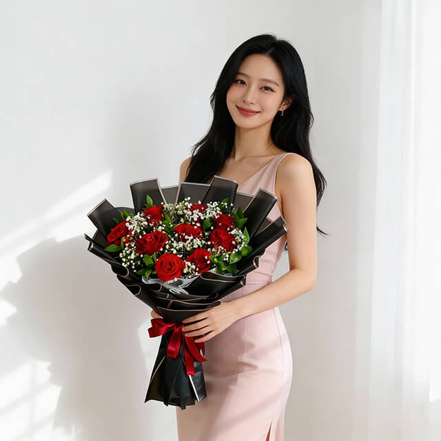 9 Tangkai Buket Bunga Valentine Wonder Red Rose - VDAY