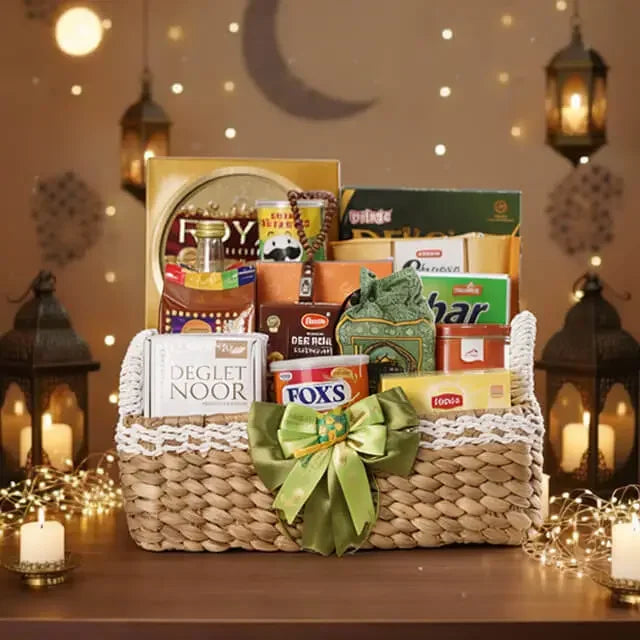 Keranjang hadiah mewah dengan camilan dan dekorasi ramadhan, online florist terpercaya