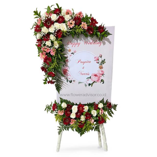 Karangan bunga pernikahan merah putih untuk Puspita & Yoris dari online florist
